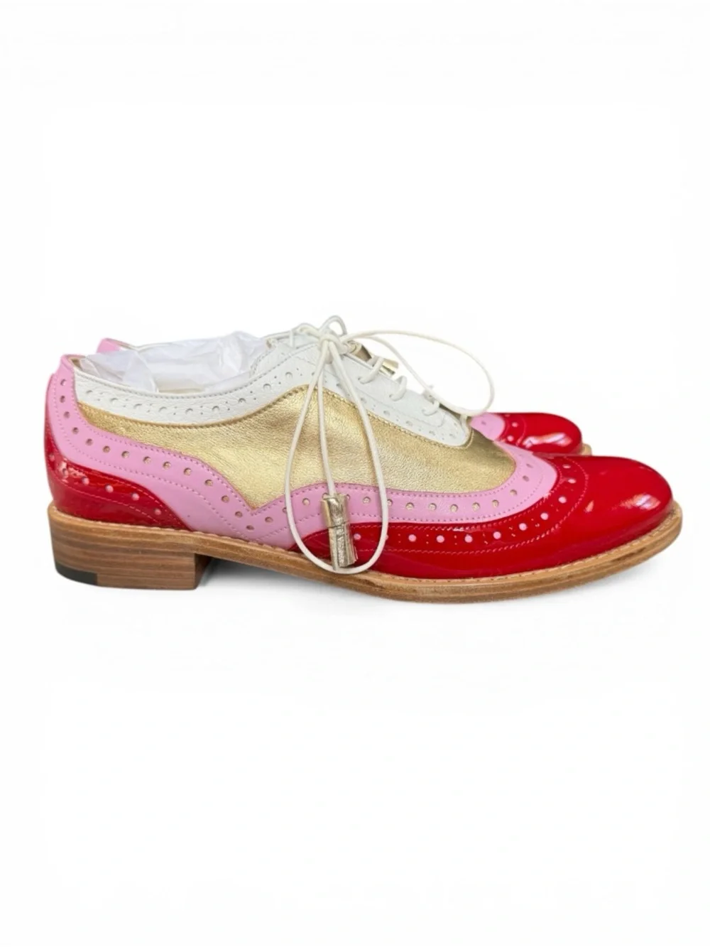 Patent Leather Tri-Tone Tassel Brogues — Red, Pink & White - Picture 1 of 12